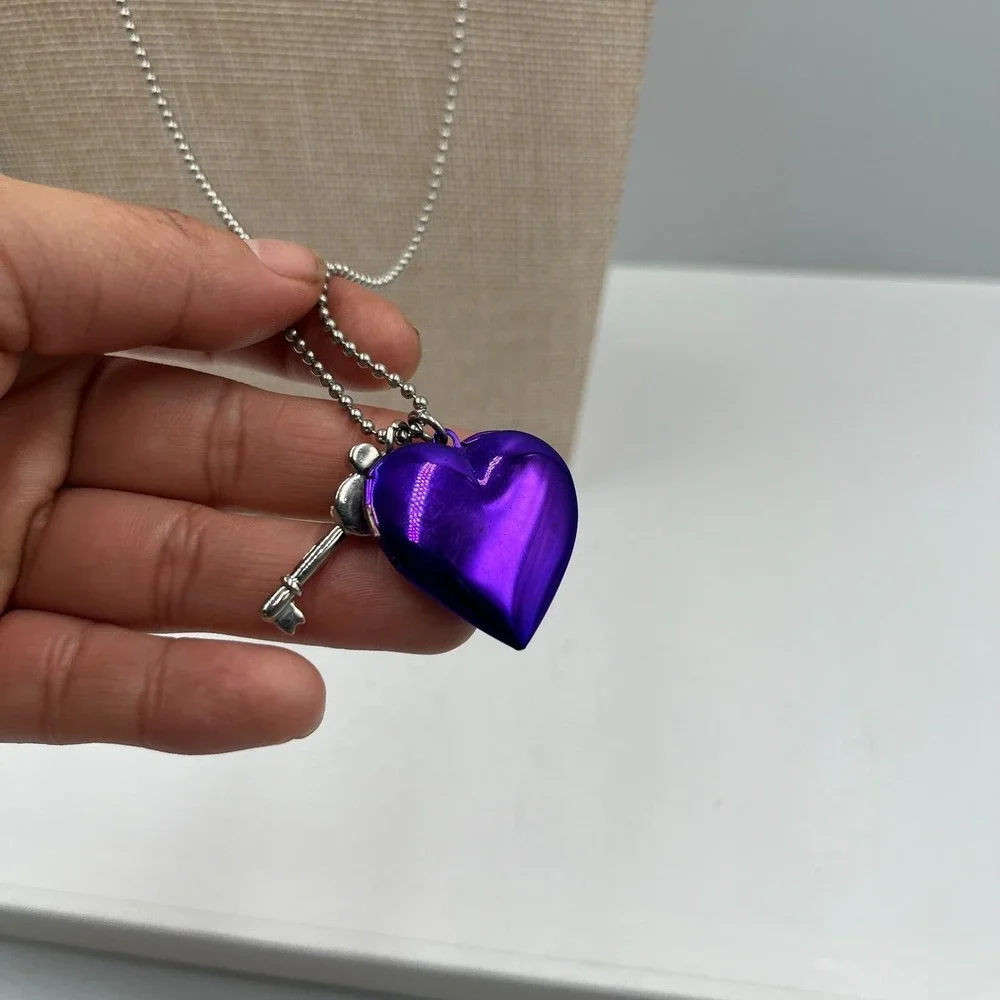 Vintage Disney Mickey Mouse Purple Heart Locket Necklace & Key Charm Gold Tone